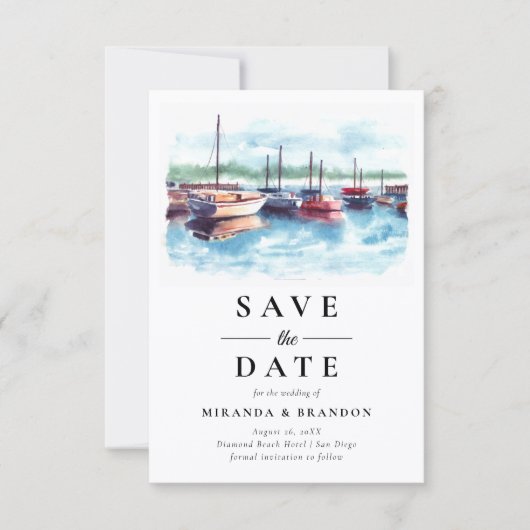 Wasserfarbenboot Hochzeit Speichern Sie die Datums (Vorderseite)
