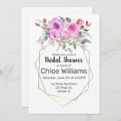 WasserfarbenBouquet mit geometrischem Goldrahmen Einladung (Vorne/Hinten)