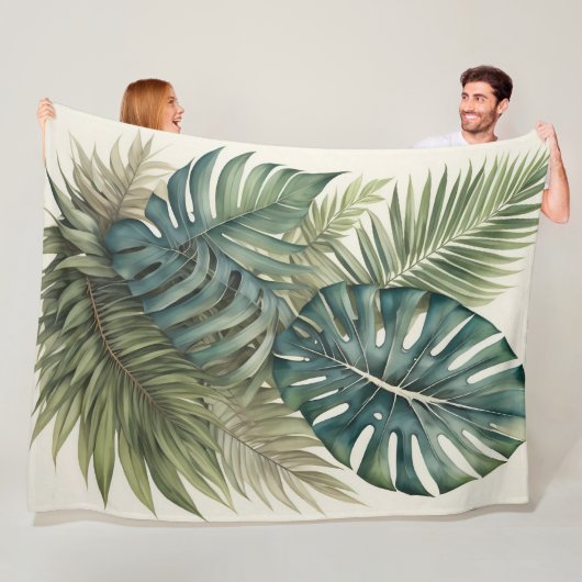 Wasserfarbenbündel Tropical Monstera Palmenblättri Fleecedecke (Beispiel)