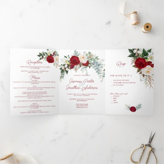 Wasserfarbenburgundy & White Roses, Lily, W/Menu T Dreifach Gefaltete Einladung (Innenseite)