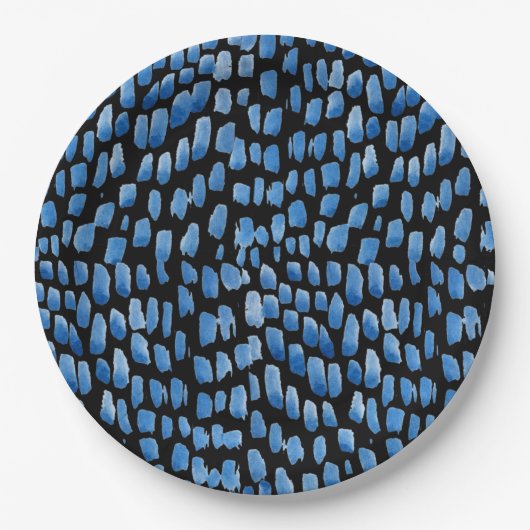 Wasserfarbenbürsten leuchten Shibori blau auf schw Pappteller (Vorderseite)