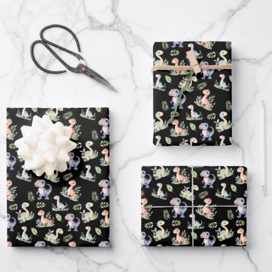 Wasserfarbendinosaurier auf schwarz geschenkpapier set (Vorderseite)