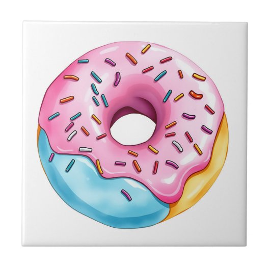 WasserfarbenDonut mit Eisen und Sprinklen auf Weiß Fliese (Vorderseite)