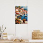 Wasserfarbendorf mit Blume Segelboot Poster (Küche)