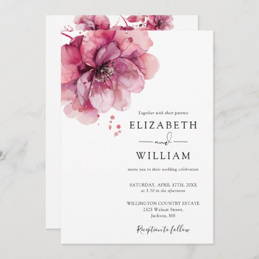 Wasserfarbendrost-Rose Floral QR-Code Hochzeit Einladung (Vorne/Hinten)