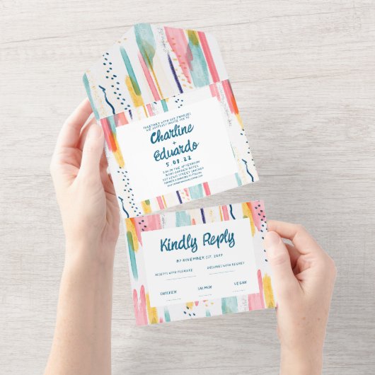 Wasserfarbene Abstrakte Brush-Hochzeit All In One Einladung (Abreißen)