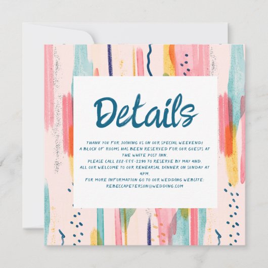 Wasserfarbene Abstrakte Brush Hochzeitsdetails Einladung (Vorderseite)