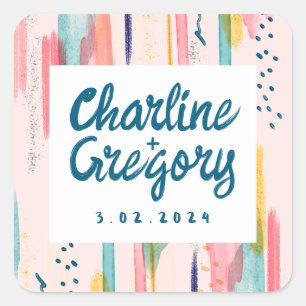 Wasserfarbene Abstrakte Pinselstriche Hochzeiten Quadratischer Aufkleber