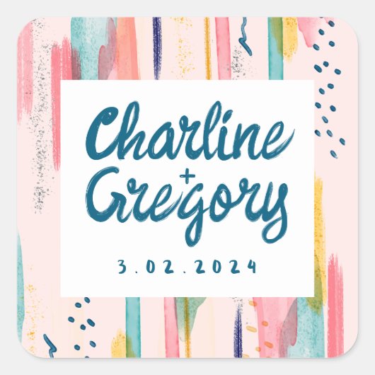 Wasserfarbene Abstrakte Pinselstriche Hochzeiten Quadratischer Aufkleber (Vorderseite)
