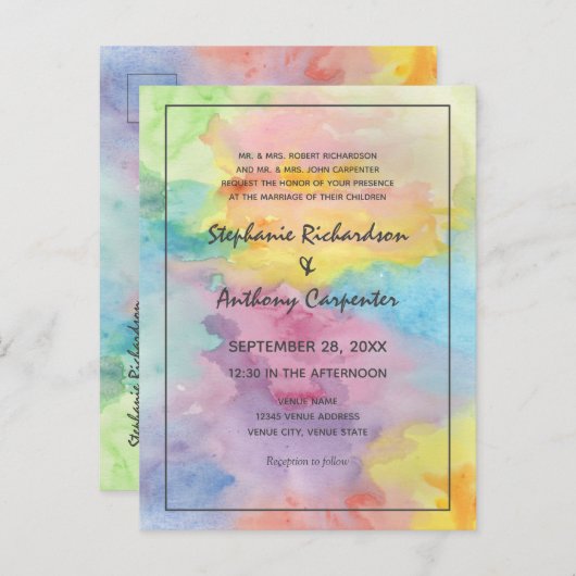 Wasserfarbene Abstrakte Whimsical-Funke Hochzeit Einladungspostkarte (Vorne/Hinten)