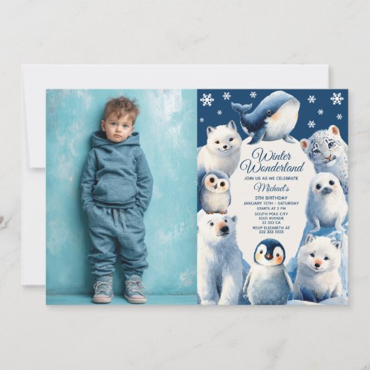 Wasserfarbene arktische Tiere Winterkinder zum Geb Einladung (Vorderseite)