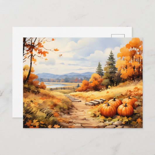 Wasserfarbene Autumn Road Pumpkin Fallende Blätter Ankündigungspostkarte (Vorne/Hinten)