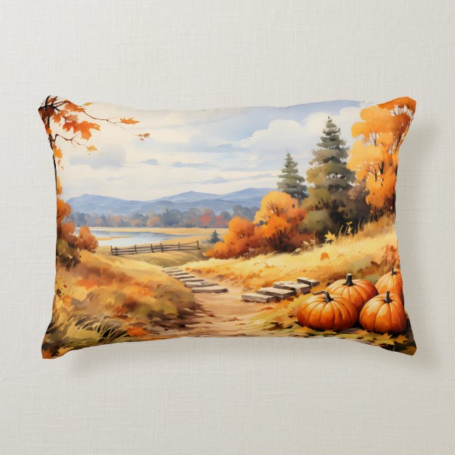 Wasserfarbene Autumn Road Pumpkin Fallende Blätter Dekokissen (Vorderseite)