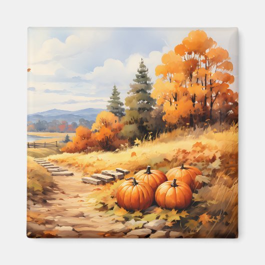 Wasserfarbene Autumn Road Pumpkin Fallende Blätter Magnet (Vorne)