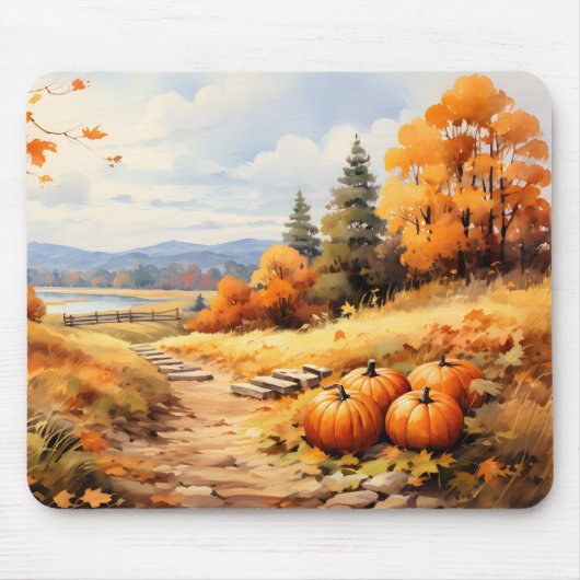 Wasserfarbene Autumn Road Pumpkin Fallende Blätter Mousepad (Vorne)