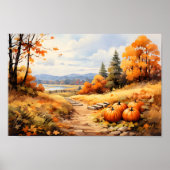 Wasserfarbene Autumn Road Pumpkin Fallende Blätter Poster (Vorne)