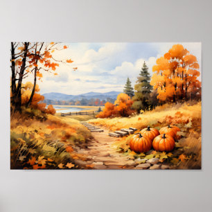 Wasserfarbene Autumn Road Pumpkin Fallende Blätter Poster