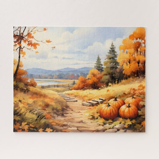 Wasserfarbene Autumn Road Pumpkin Fallende Blätter Puzzle (Horizontal)