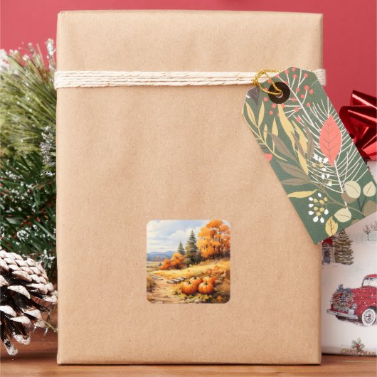 Wasserfarbene Autumn Road Pumpkin Fallende Blätter Quadratischer Aufkleber (Feiertag)