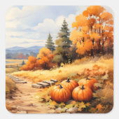Wasserfarbene Autumn Road Pumpkin Fallende Blätter Quadratischer Aufkleber (Vorderseite)