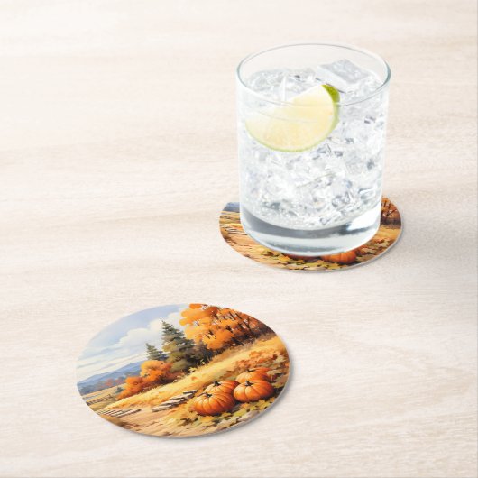 Wasserfarbene Autumn Road Pumpkin Fallende Blätter Runder Pappuntersetzer (Vor Ort)