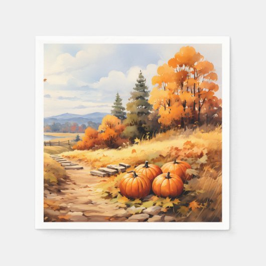 Wasserfarbene Autumn Road Pumpkin Fallende Blätter Serviette (Vorderseite)