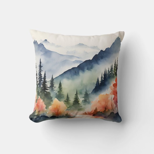Wasserfarbene Bäume fallen Herbstgebirge Kissen (Vorderseite)