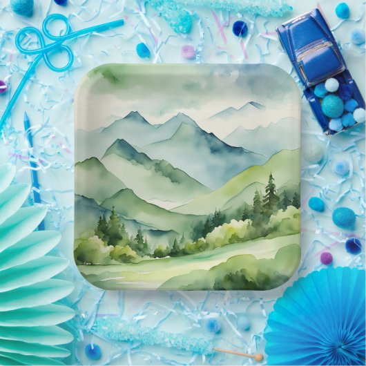 Wasserfarbene Berge und Bäume Pappteller (Party)