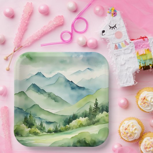 Wasserfarbene Berge und Bäume Pappteller (Party)