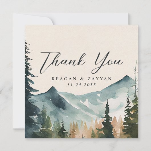 Wasserfarbene Berge und Kiefern Dankeskarte (Vorderseite)
