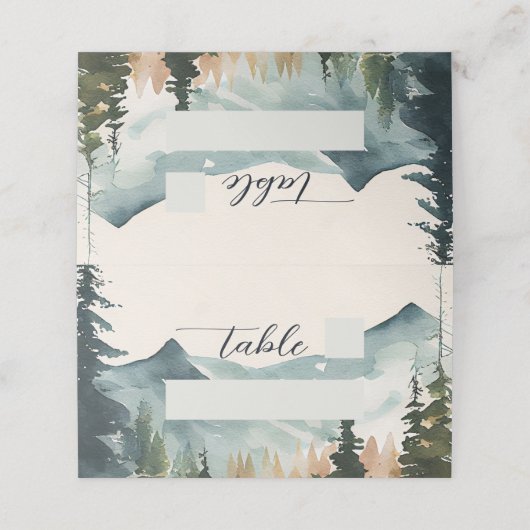 Wasserfarbene Berge und Kiefern Platzkarte (Außenseite Aufgefaltet)