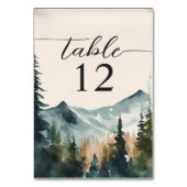 Wasserfarbene Berge und Kiefern Tischnummer (Vorderseite)