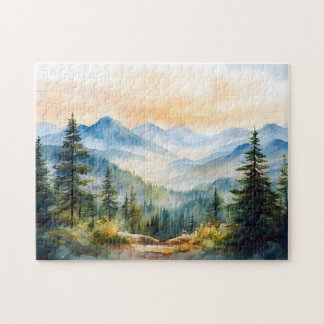 Wasserfarbene Berge und Pinienbäume Puzzle
