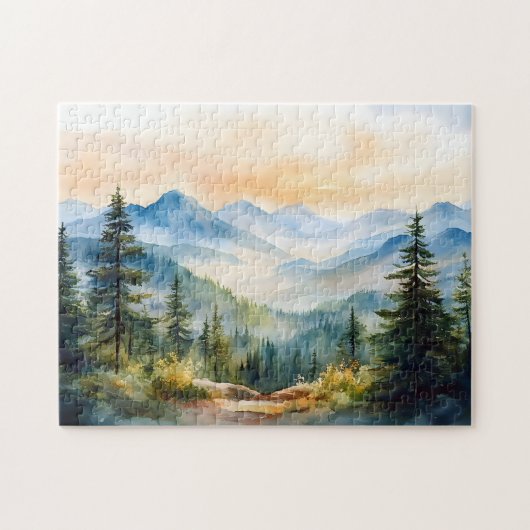 Wasserfarbene Berge und Pinienbäume Puzzle (Horizontal)