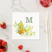 Wasserfarbene Birne und Frucht mit grüner Vegetati Serviette (Beispiel)