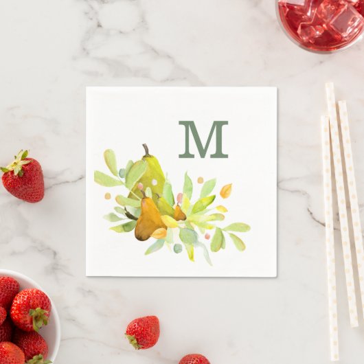 Wasserfarbene Birne und Frucht mit grüner Vegetati Serviette (Beispiel)