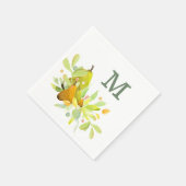 Wasserfarbene Birne und Frucht mit grüner Vegetati Serviette (Ecke)