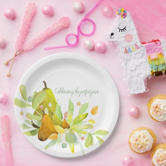 Wasserfarbene Birne und Frucht mit Grünpflanzen  Pappteller (Party)