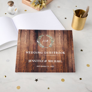 Wasserfarbene Blätter auf rustikalen Stallholz Hoc Gästebuch