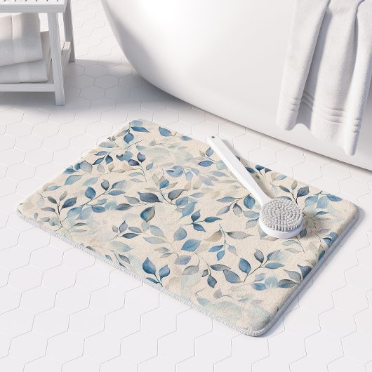 Wasserfarbene Blätter Muster Blau Beige Creme Badematte