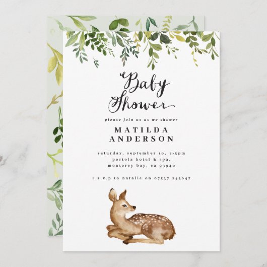 Wasserfarbene Blätter und Hirschwald Babydusche Ankündigung (Vorne/Hinten)