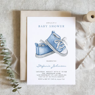 Wasserfarbene blaue Baby-Schühchen QR-Code Baby Sh Einladung
