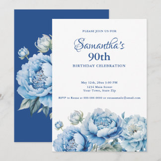 Wasserfarbene blaue Blumen zum 90. Geburtstag Einladung