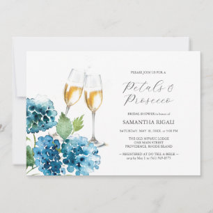 Wasserfarbene blaue Blütenblätter & Prosecco-Jungg Einladung