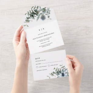 Wasserfarbene Blaue Distel-Eukalyptus-Hochzeit All In One Einladung