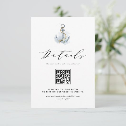 Wasserfarbene blaue florale Anker-QR-Code-Details Begleitkarte (Stehend Vorderseite)