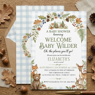 Wasserfarbene blaue Gingham-Waldtiere Baby Mädchen Einladung