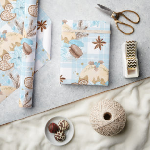 Wasserfarbene Blaue Karo-Weihnachtskekse & Pudding Geschenkpapier