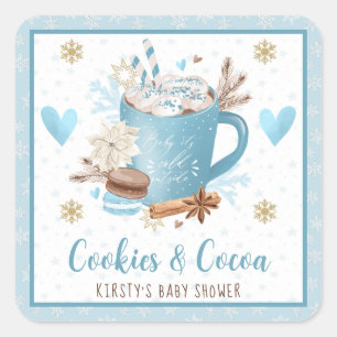 Wasserfarbene blaue Kekse und Kakao-Baby-Party Quadratischer Aufkleber