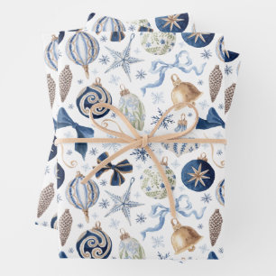 Wasserfarbene blaue Ornamente Weihnachten Geschenkpapier Set